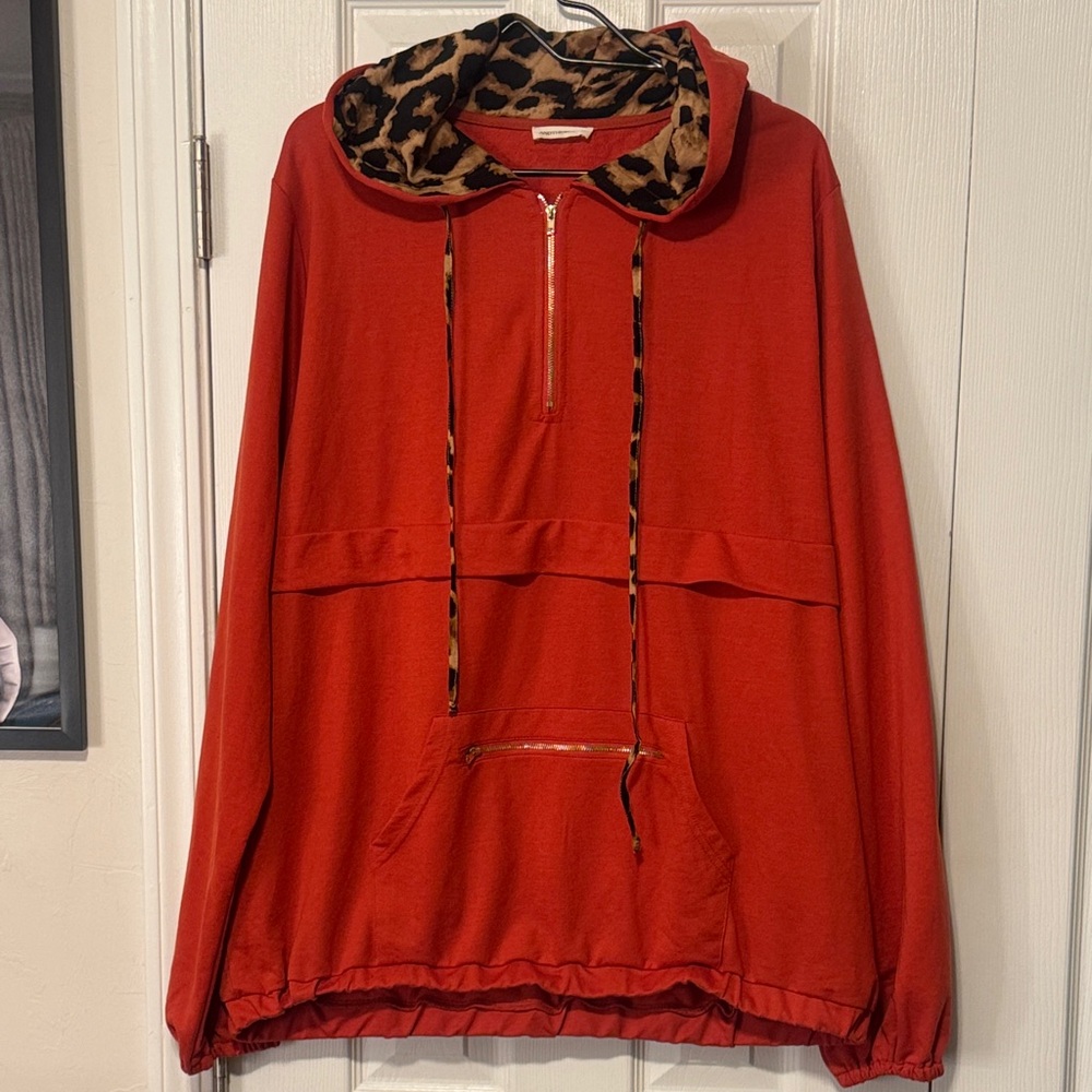 And the Why Orange 3/4 Zip Pullover with Leopard Hood & Elastic Waist Runs Small